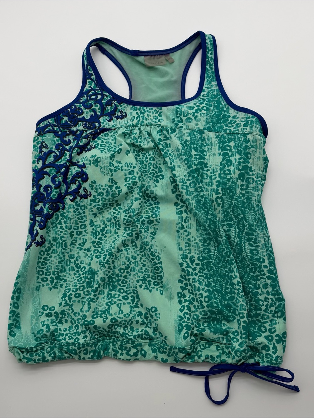 Athleta Teal Printed Racerback Tank with Navy Trim and shelf bra